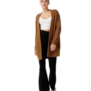 SIMONS braid knit textured knit camel brown open front long cardigan XS @M2